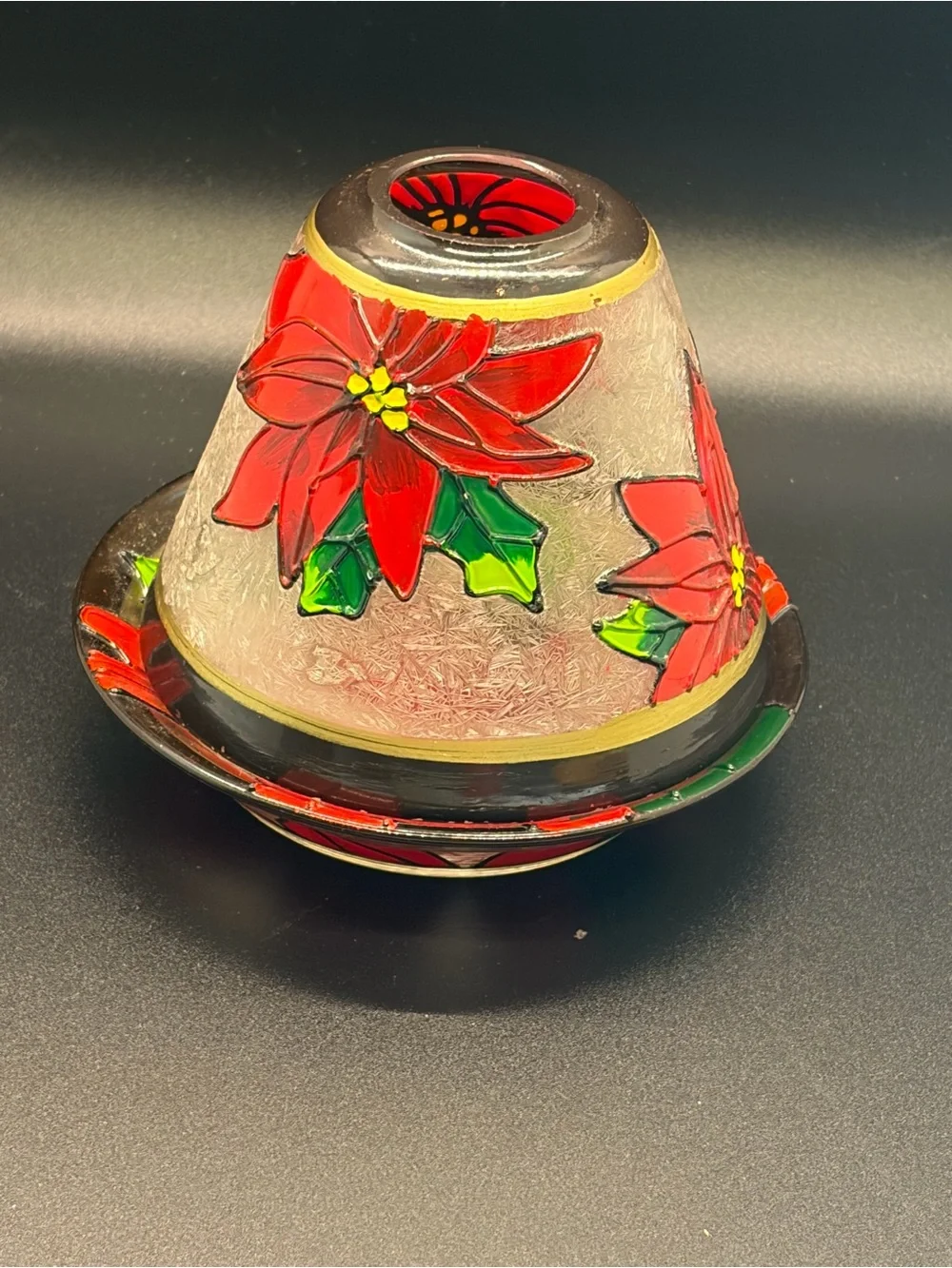 Vintage Yankee Candle Poinsettia Crackle Glass Jar Shade with Matching Plate